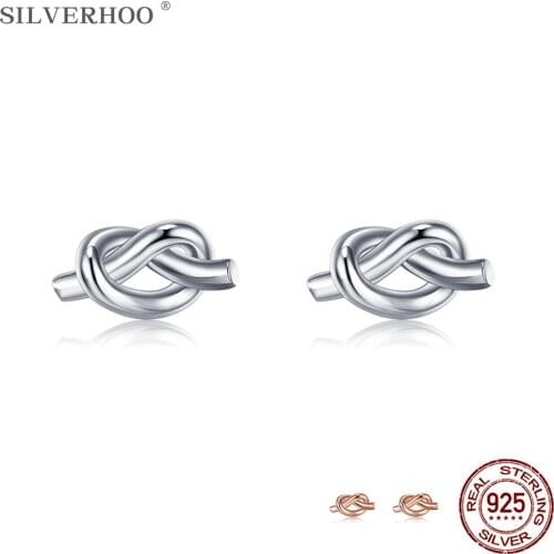 SILVERHOO 100% Minimalist 925 Sterling Silver Knot Stud Earrings For Women Trendy Rose Gold Color Earring Female Silver Jewelry