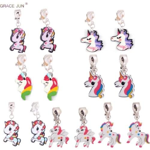 GRACE JUN Small Horse Unicorn Clip on Earrings Without Pierced for Little Girls Toddlers Cute Fashion Ear Cuff Earrings New 2020