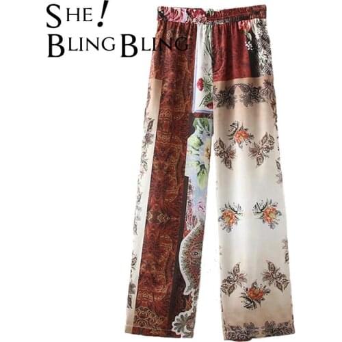 SheBlingBling Chic Printed Summer Casual Beach Long Trousers Hip Pockets Elastic High Waist Women Loose Straight Pants Female