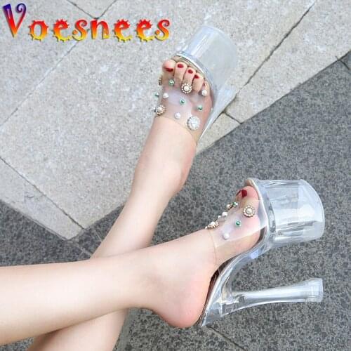 Thin Heel Women Slippers Rivets Platform Transparent High Heels 18cm Model Female Shoe Sexy Flip Flops Summer Ladies Sandals Hot