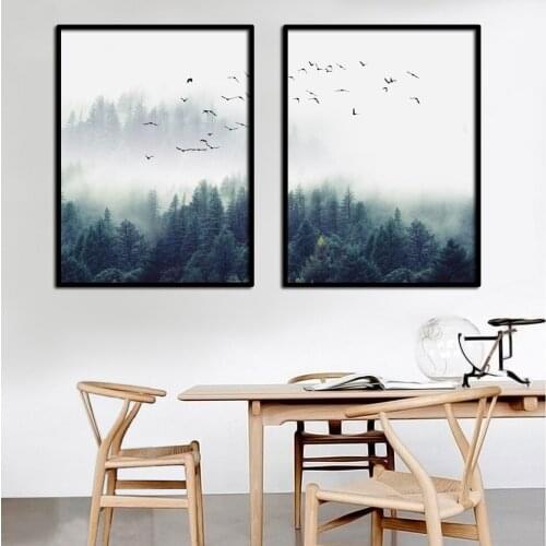 Nordic Decor Foggy Forest Landscape Wall Art Poster Canvas Art Print Forest Painting Wall Picture for Living Room FA666