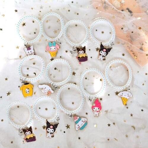 Temperament Ins Kuromi Poms Purin Fly Meow Cinnamoroll Melody Cartoon Girl Heart Small Bell Hair Rope Kids Toy Holiday Gifts