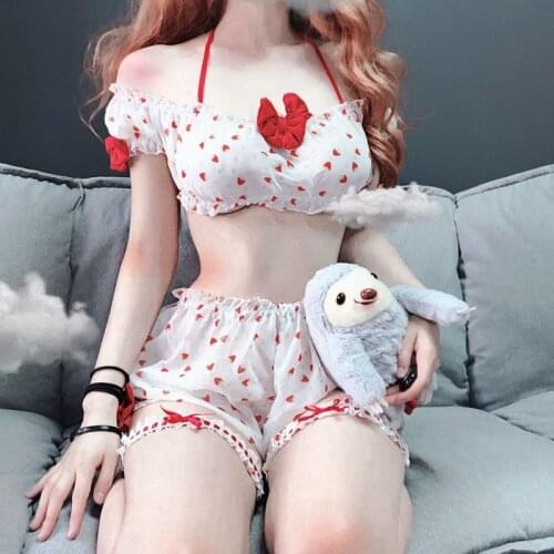 Embroidery Camisole Kawaii Strawberry Sleepwear Lingerie Girl Cosplay Costume Cute sexy Lingerie Set Uniform Underwear For Women