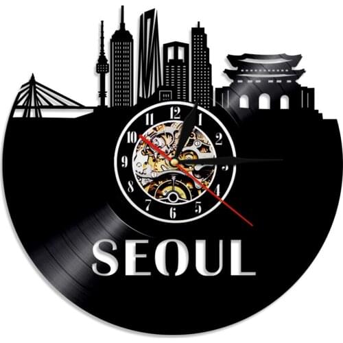 Seoul Skyline Vinyl Album Re-purposed Record Clock South Korea Skyscraper Cityscape Wall Clock Asia Travel Retro Album Ornament