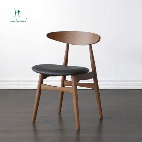 Louis Fashion Nordic Household Vintage Solid Wood Leather Chair Creative Leisure Chair Modern Simple Back Coffee Dining Chair