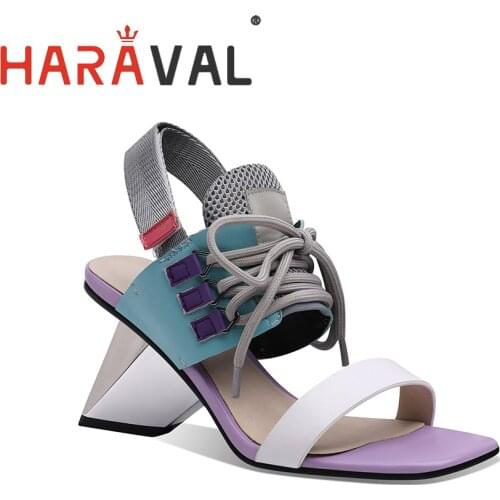 HARAVAL 2021 Women Sandals Shoes Genuine Leather High Heels Strange Style Hook & Loop Cross-Tied Casual Black Back Strap B124
