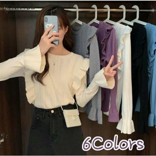 Pullovers Women O-neck Slim Full Flare Sleeve Ruffles Solid All-match Sweet Fresh Preppy Streetwear Elegant Retro Leisure Hot