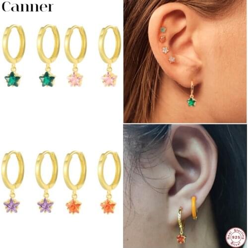 CANNER 925 Sterling Silver Five-pointed Star CZ Pendant Hoop Earrings Star Crystal Earrings For Women Jewelry Aretes Pendientes