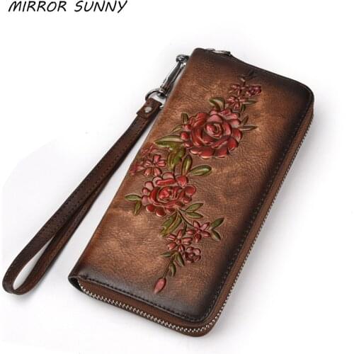 Genuine Leather Women Long Wallet Floral Clutch Handy Zipper Purse Vintage Flower First Layer Cow Leather Card Wristband Wallet