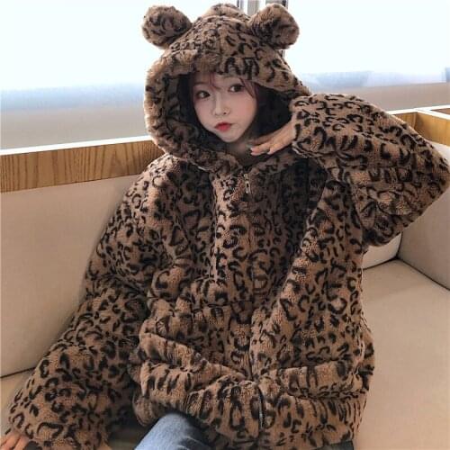 Bear Ears Leopard Print Plush Coat Women Loose Korean Fashion Ins Harajuku Style BF Mori Style Velvet Padded Thickened Sweater