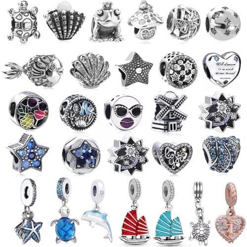 2Pcs/Lot Ocean Shape Silver Color Fish Shell Tortoise Charms DIY Fine Beads Fit Original Brand Charm Bracelet Jewelry Making