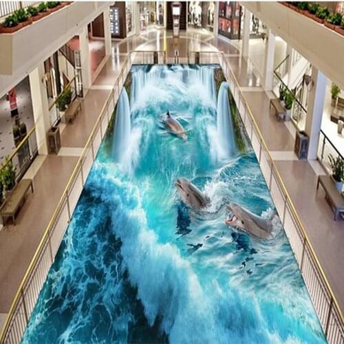 Beibehang Custom 3D Self-adhesive PVC Floor Mural Wallpaper Dolphin Waterfall Waterproof Sticker Anti-slip Bathroom Floor Mural