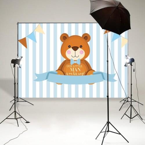 Cute teddy bear Birthday background photography studio backdrop customize baby shower dessert table banner poster stripes B841