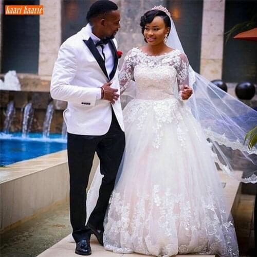 Elegant Boho Church White Wedding Dresses Long Sleeves Fluffy Tulle Lace Appliqued Bride Dress Marriage Custom Made Wedding Gown