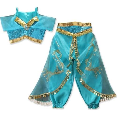 Aladdin Princess Cosplay Costume Kids Girls Sea Blue Satin Fancy Dress Up Party Garment Sequin Crop Top+Pants 2PCS Clothes Set