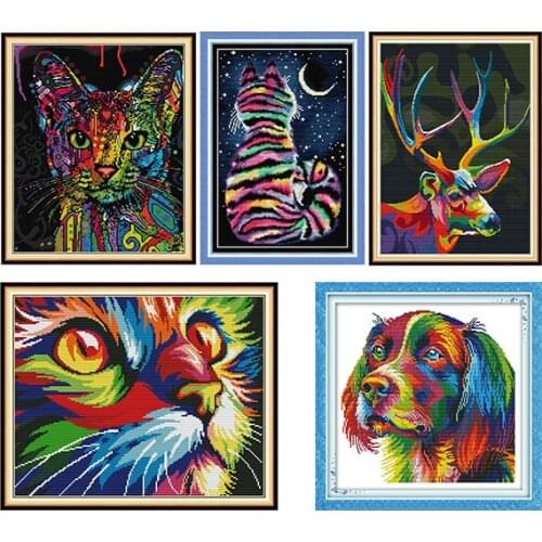 Colorful animal series DIY cross stitch kits 14CT DMC canvas fabric patterns printed counted Chinese needlework embroidery sets