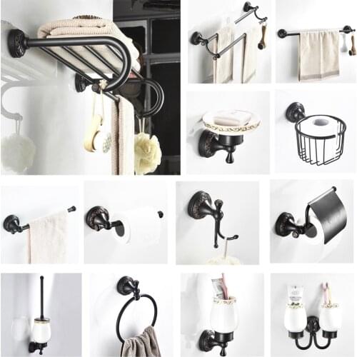 Oil Rubbed Bronze Bathroom Accessories Sets Towel Shelf Towel Holder Toilet Paper Holder Rove Hook Black Brass Bathroom Products