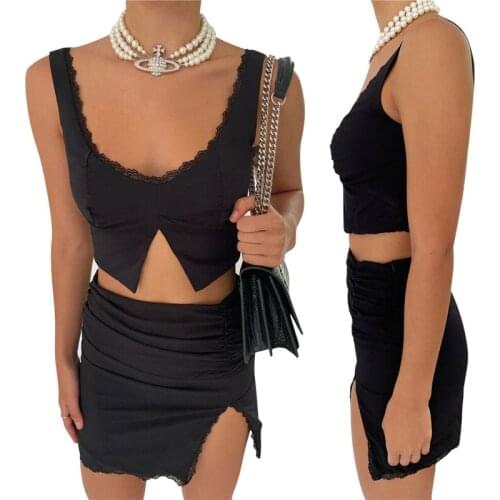 2021 Fashion Trend Womens Sleeveless Vest Lace Hem Irregular Hem Summer Leisure Crop Tops V Neck Fitting Slim Tanks Camisole