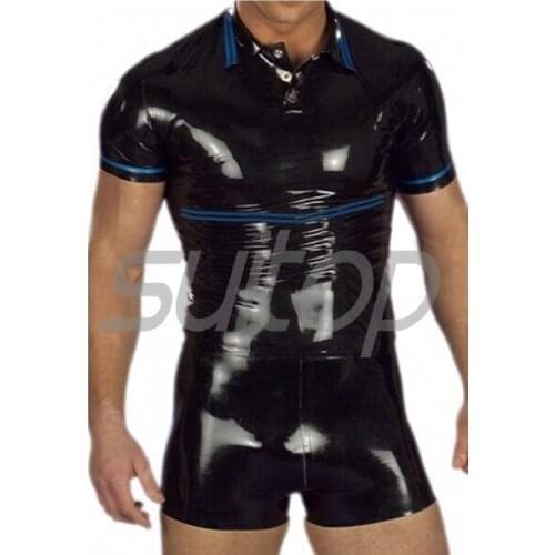 Free shipping Catsuitop mens latex uniform shirt and shorts in black and blue