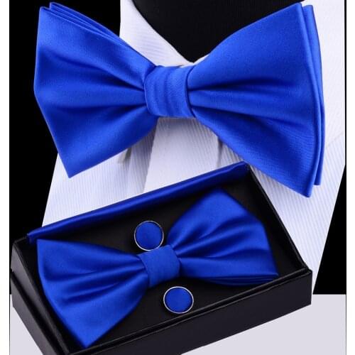 RBOCOTT Mens Bow Tie Set Solid Double Fold Bow Ties Waterproof Plain Blue Bowtie Hanky Cufflinks Gift Box For Men Wedding Gift