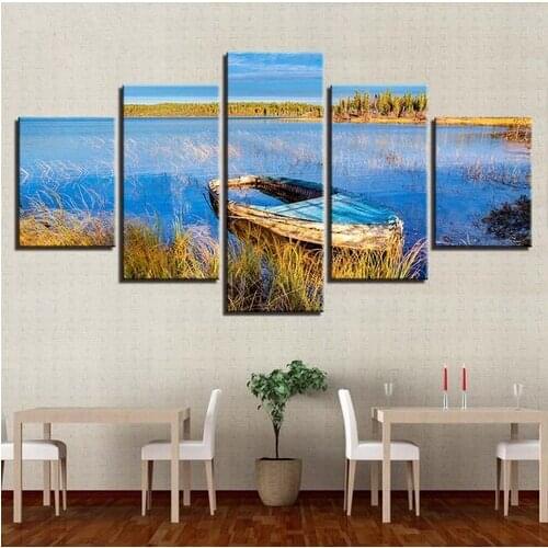 Canvas Pictures Framework Home Decor HD Prints Posters 5 Pieces Blue Lake Boat Scenery Paintings Modern For Living Room Wall Art