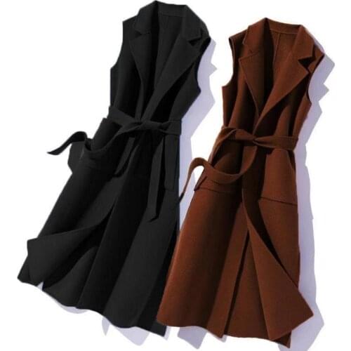2021 New Fashion Spring Autumn Wool Vest Coat Mid-Length Women Blended Woolen Ssleeveless Jacket Casual Ladies Coat With Belt