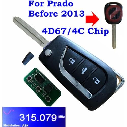 3 Button Upgraded Folding Flip Remote Key 433MHz 4D67 4C Chip for Toyota Prado 120 RAV4 Kluger Avensis Tarago TOY43 Uncut Blade