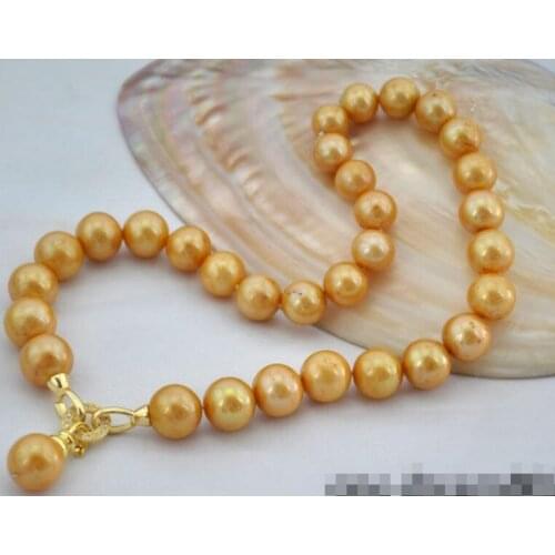 Rare 18" 12-15mm round golden freshwater pearl necklace pendant