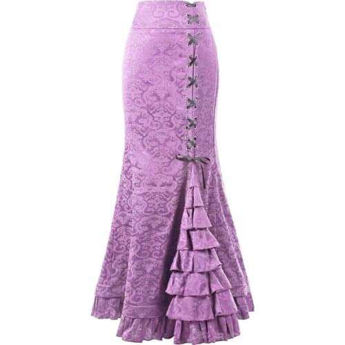 Retro Womens Mermaid Skirts Gothic Floral Jacquard High Waist Steampunk Victorian Fishtail Long Skirt Irregular Ruffles Female