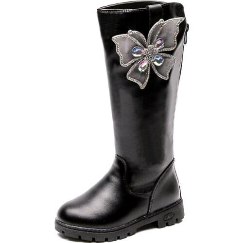 Children high boots fashion butterfly-knot princess boots warm plush autumn winter shoes waterproof girls kids shoes soft boots