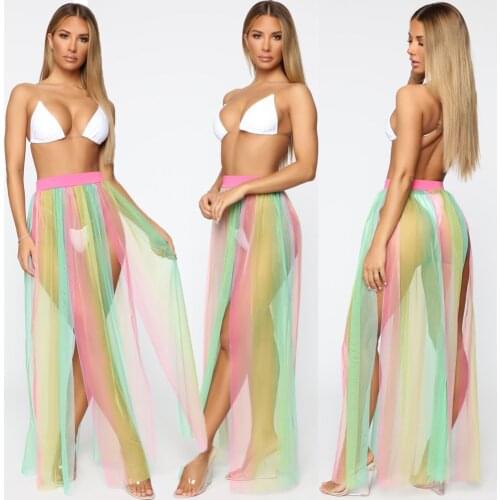 Sexy Women Mesh Sheer Beach Bikini Cover Ups Vacation Sunscreen Wrap Skirt 2021 New RufflesDot High Waist Split Bikini Cover Up