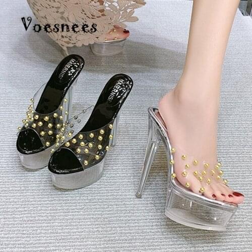 Crystal Slippers Women Summer New Fashion Sexy Waterproof Platform Wear Transparent Fish Mouth Rivet High Heel14CM Ladies Sandal
