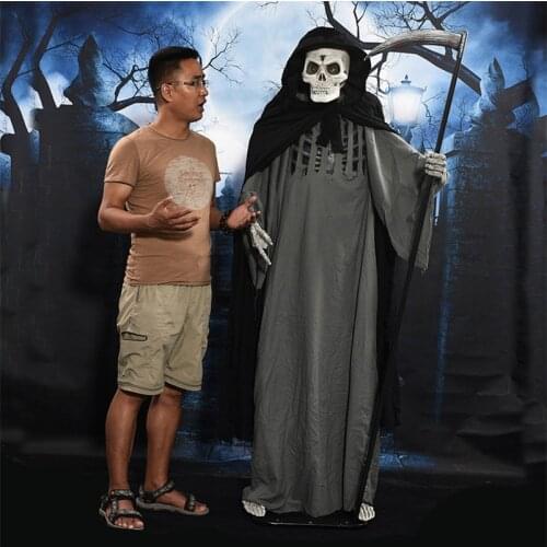 Halloween Decoration Standing Large Ghost Doll Toy Electric Grim Reaper Make Horror Atmosphere Light Up Creepy Eyes Shake Sickle