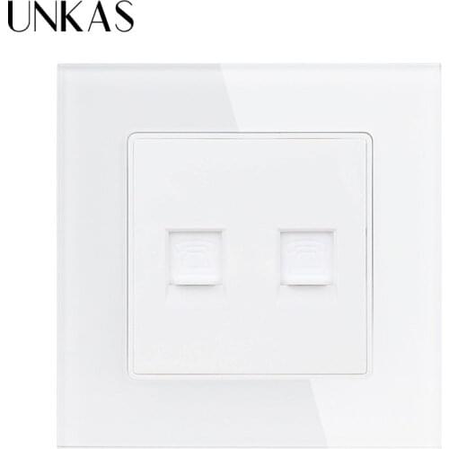 UNKAS White Luxury Crystal Glass Panel Double 1 Gang RJ11 Telephone Wall Outlet Socket Popular at ES RU