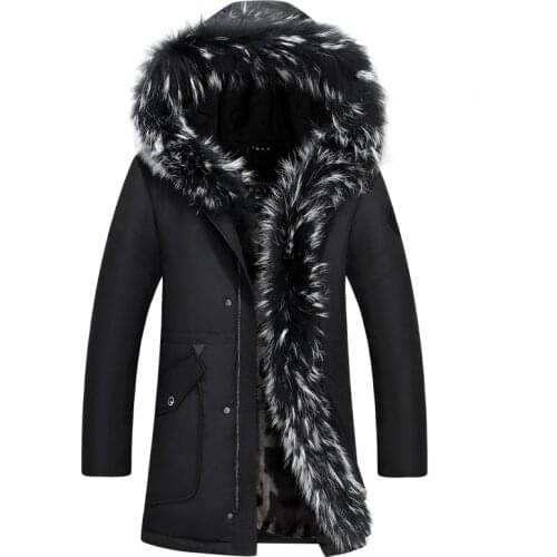 Top Quality Black Winter Jacket Big Fur Collar Hooded Down Jacket Mens Mid-length Thick Warm Young Couples Mens Winter Jacket