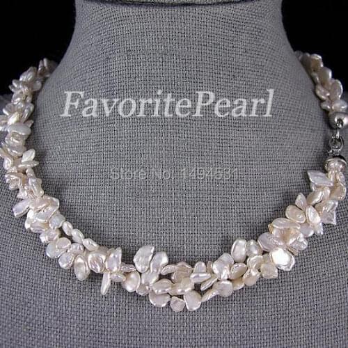 Pearl Necklace - 18-19 Inches 3 Rows 6x10mm White Color Keshi Pearl Necklace Handmade Jewelry Free Shipping