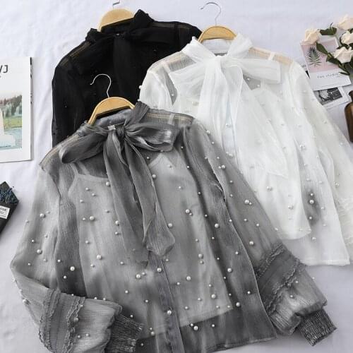 2PCS Women Summer Lantern Sleeve Pearl Bead Bow Shirt Casual Lace Up Bandage Slim High Waist Cardigan Chiffon Ruffle Blouse Tops
