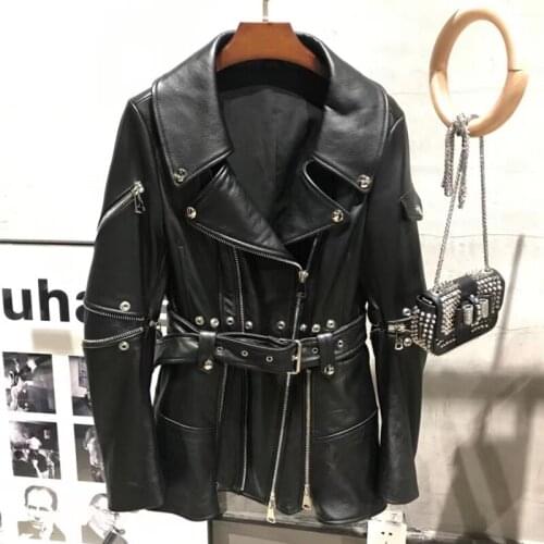 Ladies Moto Leather Jacket Genuine Sheepskin Coat