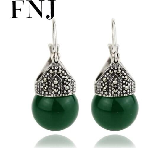 FNJ Green Black Agate Earrings 925 Silver Original Pure S925 Sterling Silver Drop Earring for Women Jewelry Red Zircon