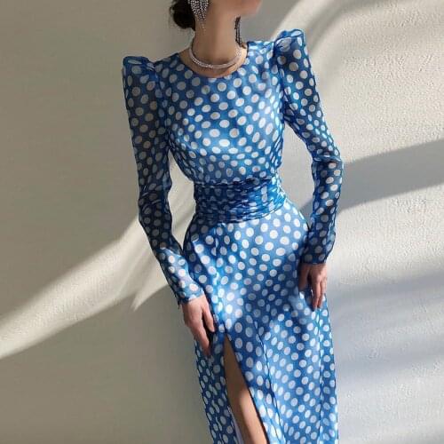 Dot Print Summer Long Midi Dress Women O-Neck Puff Sleeve Backless Bow Lace Up Runway Party Dress Vintage Sexy Split French B884