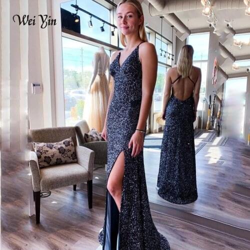 Weiyin AE0561 Navy Blue Evening Dresses Long Mermaid Vestidos Sequin Elegant Women Banquet Prom Party Gowns Robe De Soiree