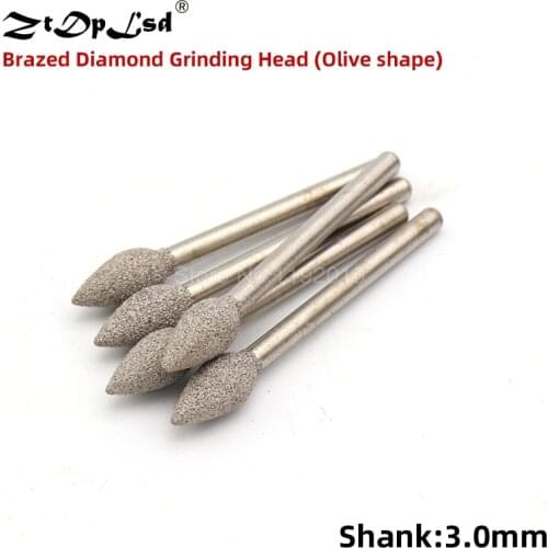 1PCS 3MM Shank Brazed Diamond Grinding Head Olive Shape Burrs Carving Peeling Bits For Jade Stone Glass Metal Ceramic Mill