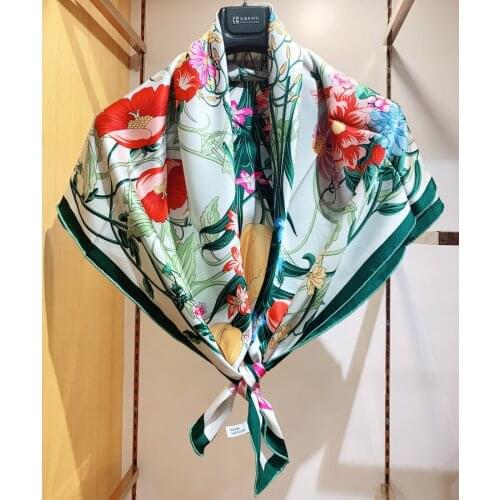 16mm Thicker 100% Silk Scarf Women Square Big Wraps Printed Flowers Handmade Rolling Edges Anti-sunshine Pashmina