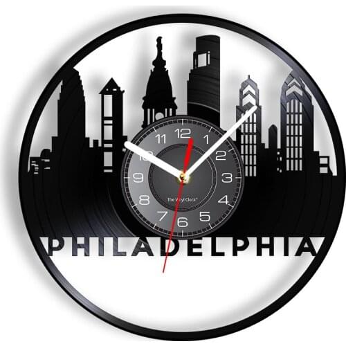 American Philadelphia Skyline Laser Cut Longplay Wall Clock City Of Pennsylvania Landscape Luminous Wall Watch Disk Crafts Gift