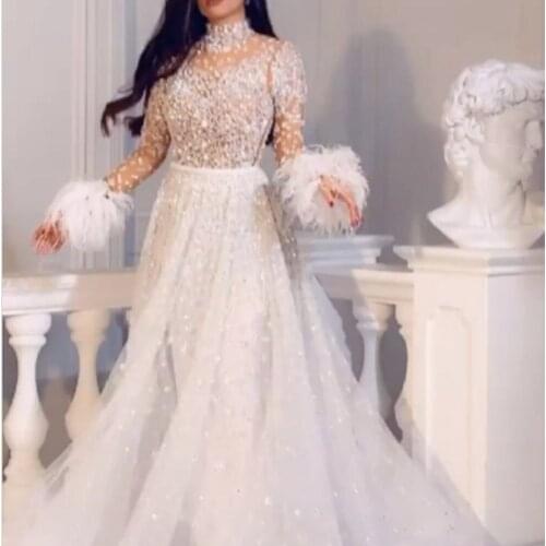 White prom dresses 2021 high neck crystal long sleeve feather beaded a line sheer evening dresses gowns