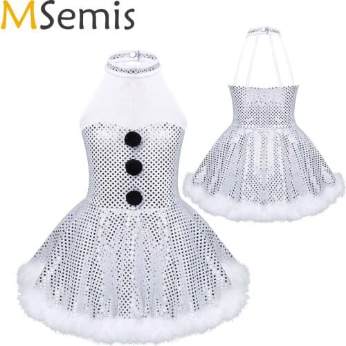 Girls Shiny Sequins Figure Ice Skating Roller Skating Ballet Dance Dress Sleeveless Mesh Splice Christmas Santa Dance Costume