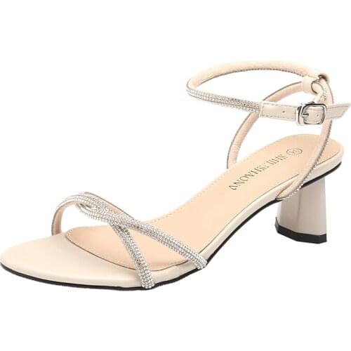 31-43 Big Size 2021 Summer New Korean One Button Rhinestone Thick Heel Fashion Sandals Peep Toe Fairy Style High Heel Sandals