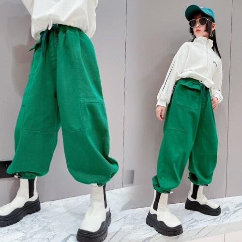 Teen Black Green Cargo Pants Girls Cotton Casual Long Trousers Pocket Elastic Waist Pants Kids Streetwear Girl Bottoms 5-14 Year