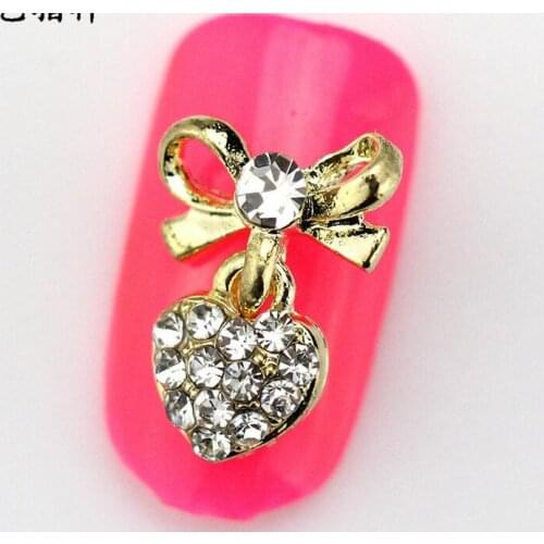 EasyNail~5pcs Nails decorations Zircon 10*13mm heart with bow tie nail art 3d pendant Rhinestone Decoration charmsGold