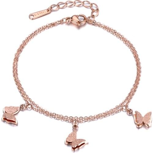 Trendy Jewelry Rose Gold 2 Layers Stainless Steel Bracelet 3 Butterfly Charms Link Chain Bracelets For Women B18181